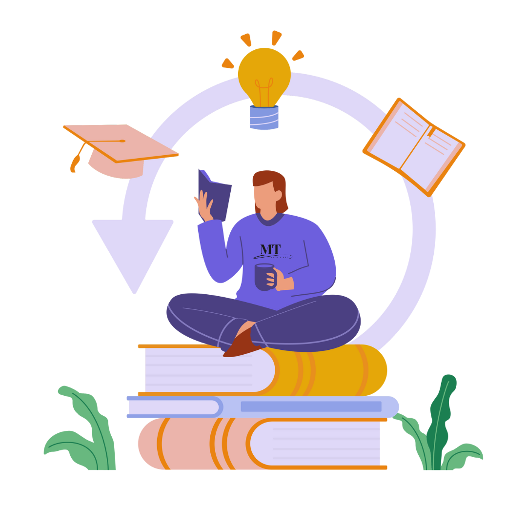 Lernen, Ideen, Vorlagen drehen sich im Kreis um einen Mann der auf Büchern sitzt - im Comicstil