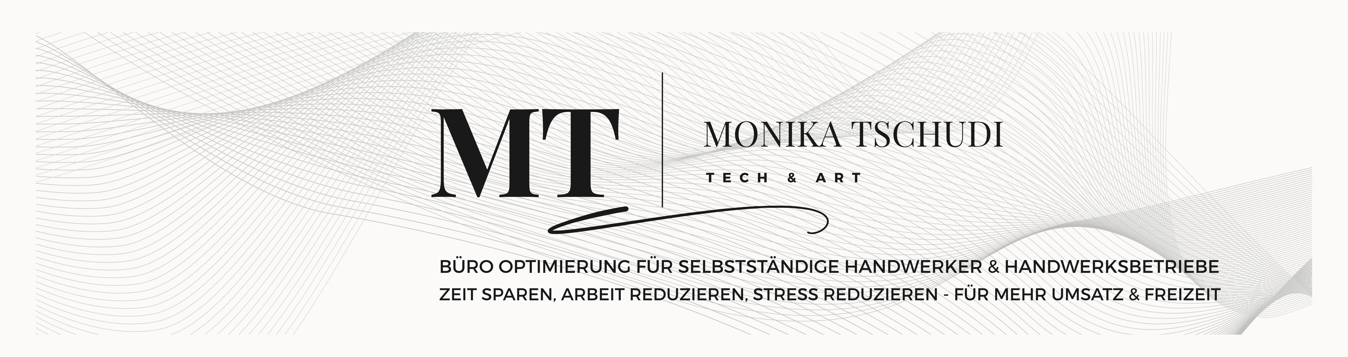 Weisser Banner mit geschwungenen Linien im Hintergrund, das Logo von Monika Tschudi und Text